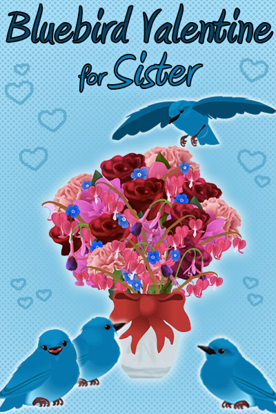 three bluebirds surround a vase full of colorful flowers, while another bluebird flits around the bouquet.
