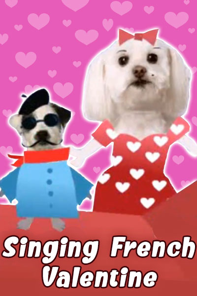 A maltie wearing a pink dress with red hearts on it, poses with a terrier wearing a shirt, bandanna around his neck, dark glasses, a beret, and a mustache.