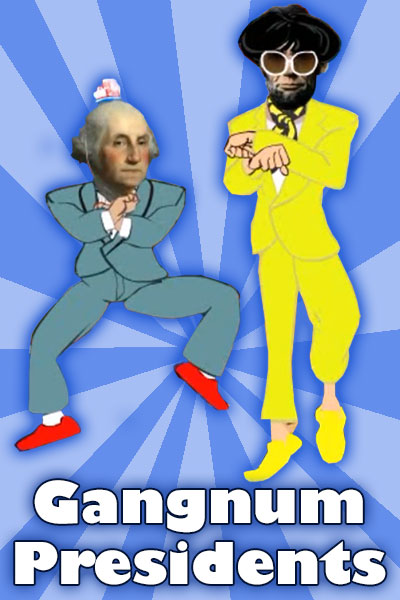 George Washington doing the Gangam Style dance with Abraham Lincoln wearing the iconic yellow suit of the back up dancer from the famous Gangnum Style music video. Rays of two shades of blue radiate from behind them.