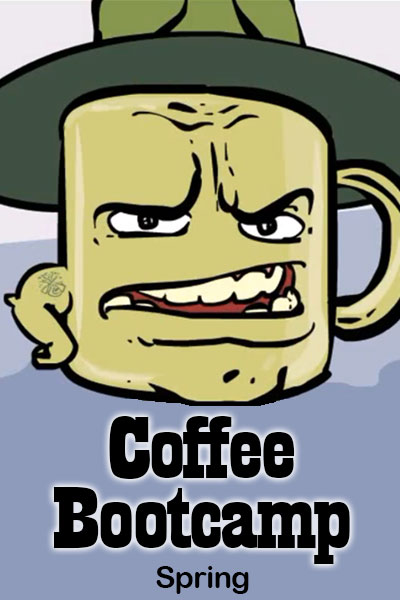 A mug of coffee, illustrated to look like a drill sergeant. 