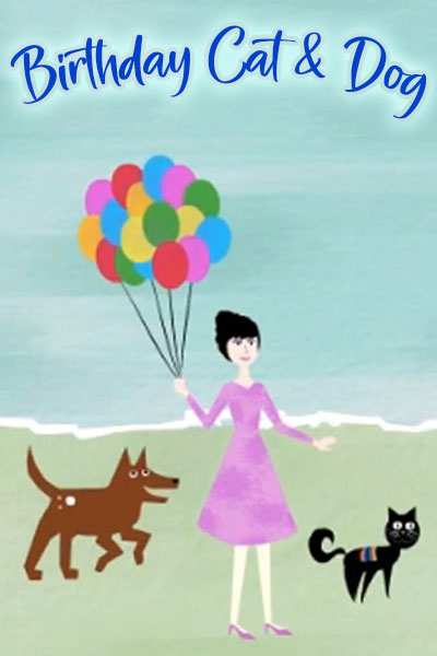 A woman holding a large bundle of colorful balloons, plays on the beach with her cat and dog.