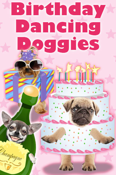 A free birthday greeting image of photographs of the faces of three dogs are dressed as fun, cartoon party items. A chihuahua is dressed as a bottle of champagne, a pug is dressed as a pink and white birthday cake, and a Yorkie is wearing sunglasses and a party hat, and is dressed as a present. Birthday Dancing Doggies is written above them.