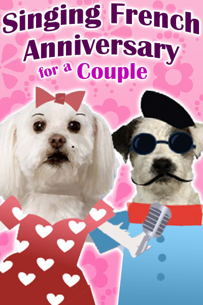 A maltie wearing a pink dress with red hearts on it, poses with a terrier wearing a shirt, bandanna around his neck, dark glasses, a beret, and a mustache.