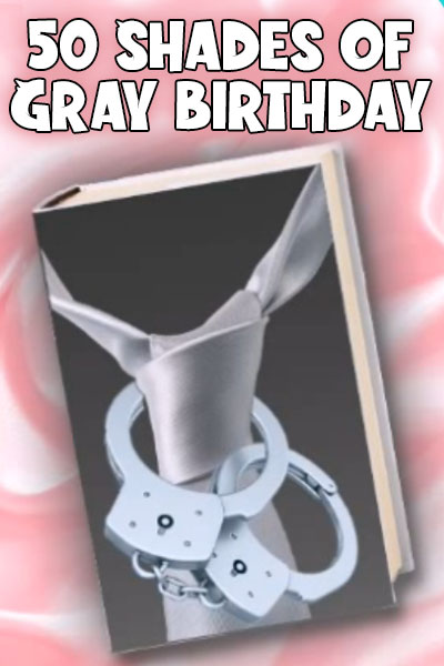 The still image for this this adult birthday ecard features a book with an image on its front of a tie, woven through a pair of handcuffs.