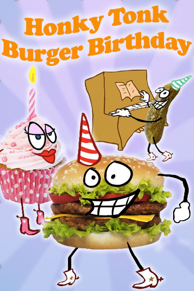 A hamburger, pink cupcake, and pickle, all have cartoon faces, and are wearing cowboy boots. The hamburger and pickle are wearing party hats, while the cupcake has a candle. The pickle is playing the piano. The title of this cartoon ecard is written above the characters. 