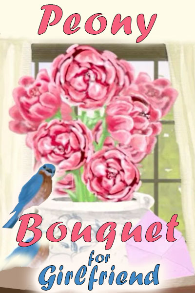 This birthday ecard for women features a bouquet of peonies in a vase. There is a cheerful little bluebird sitting on the rim of the vase.