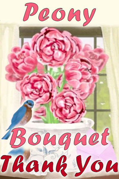 A cheerful little bluebird perches on the lip of a vase filled with big pink peonies.