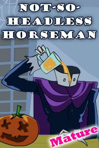 A headless man stands next to a pumpkin. He is dumping the contents of a pint glass into the empty collar of his shirt.