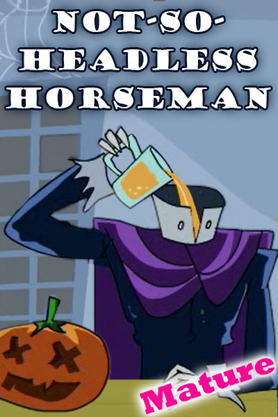 A headless man stands next to a pumpkin. He is dumping the contents of a pint glass into the empty collar of his shirt.