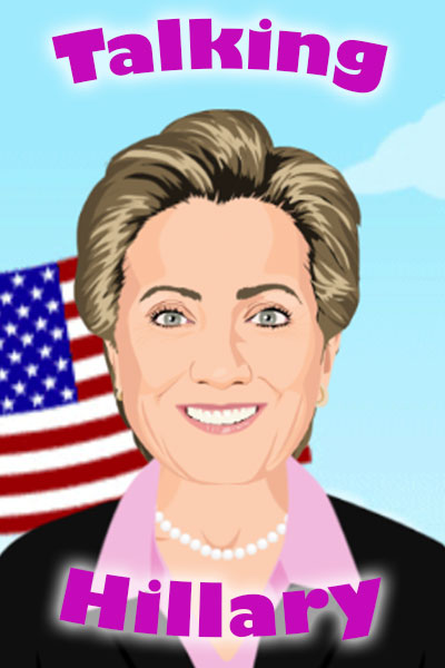 An illustration of Hillary Clinton, smiling broadly with an American flag behind her.