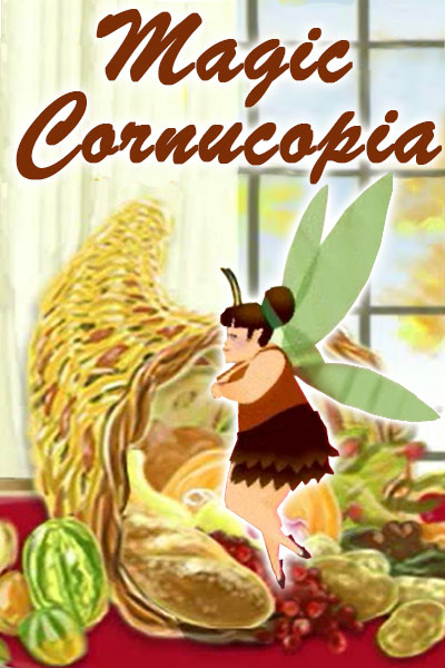 A little fairy in an outfit reminiscent of an acorn takes food from a cornucopia full of Thanksgiving food. 