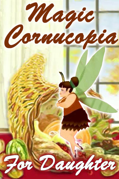 A little fairy in an outfit reminiscent of an acorn takes food from a cornucopia full of Thanksgiving food. 
