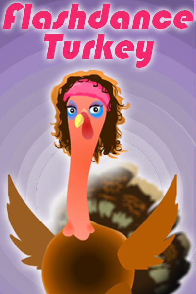 A dancing turkey. She has brown hair, and wears a pink sweatband.