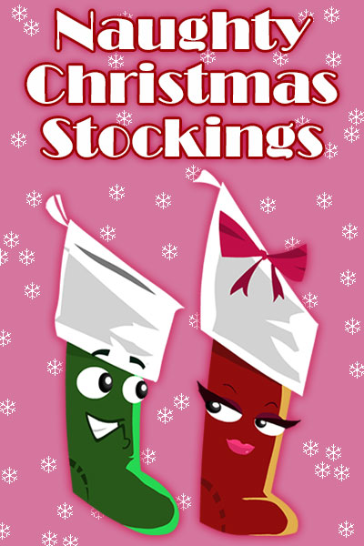 Two cartoon Christmas stockings. The one on the left is male, and the one on the right is female, and they are trading flirty glances between them. The ecard title Naughty Christmas Stockings appears above them.
