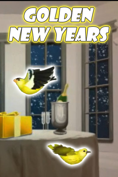 A pair of golden birds flutter around a table containing a gift, and a chilled bottle of champagne. The ecard title Golden New Years is written above them.