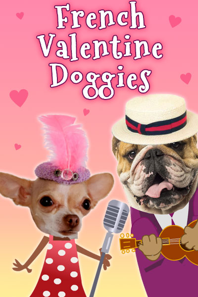 A chihuahua in a dress, and a hat with a feathery plume, and a bulldog in a straw hat, blazer, who is holding a guitar.