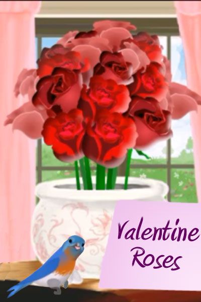 A bouquet of red roses sits in front of a window. A cute bluebird perches on the table in front of the vase.