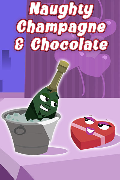 A bottle of champagne soaks in a bucket of ice, while a heart-shaped box of chocolates sits on the table beside it. They share a lusty look between them. 