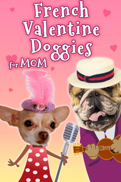 A bulldog in a straw hat strums a guitar, while a chihuahua in a dress sings into a microphone.