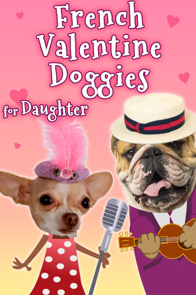 A bulldog in a straw hat strums a guitar, while a chihuahua in a dress sings into a microphone.