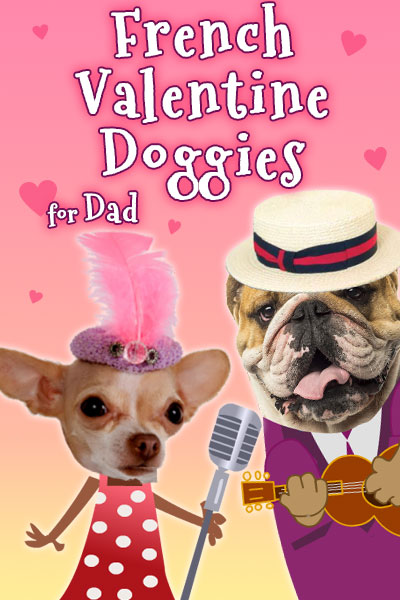 A bulldog in a straw hat strums a guitar, while a chihuahua in a dress sings into a microphone.