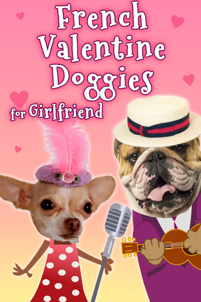 A bulldog in a straw hat strums a guitar, while a chihuahua in a dress sings into a microphone.