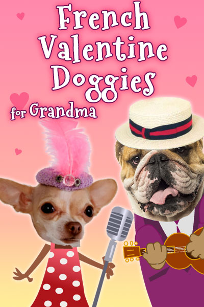 A bulldog in a straw hat strums a guitar, while a chihuahua in a dress sings into a microphone.