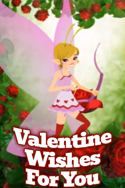 A tiny fairy in a heart covered skirt plays cupid with a bow and arrow.