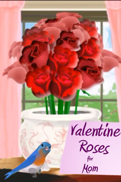 A bouquet of red roses sits in front of a window. A cute bluebird perches on the table in front of the vase.