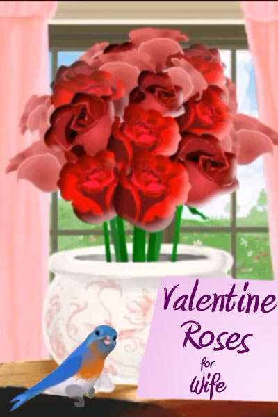 A bouquet of red roses sits in front of a window. A cute bluebird perches on the table in front of the vase.