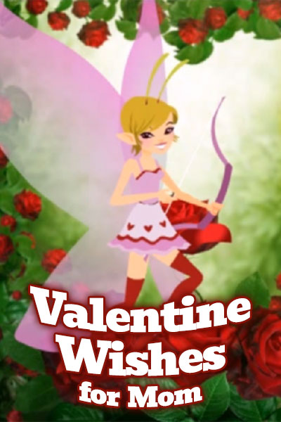 A tiny fairy in a heart covered skirt plays cupid with a bow and arrow.