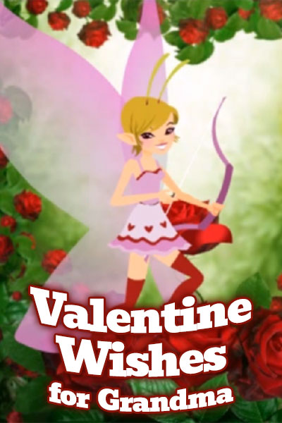 A tiny fairy in a heart covered skirt plays cupid with a bow and arrow.