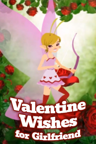 A tiny fairy in a heart covered skirt plays cupid with a bow and arrow.