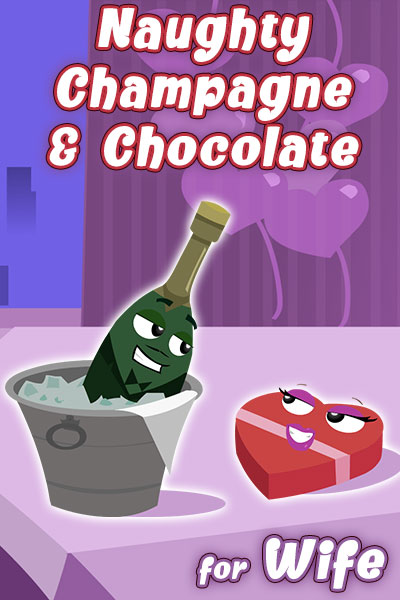 A bottle of champagne soaks in a bucket of ice, while a heart-shaped box of chocolates sits on the table beside it. They share a lusty look between them. 