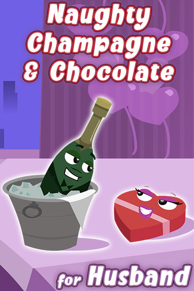 A bottle of champagne soaks in a bucket of ice, while a heart-shaped box of chocolates sits on the table beside it. They share a lusty look between them. 