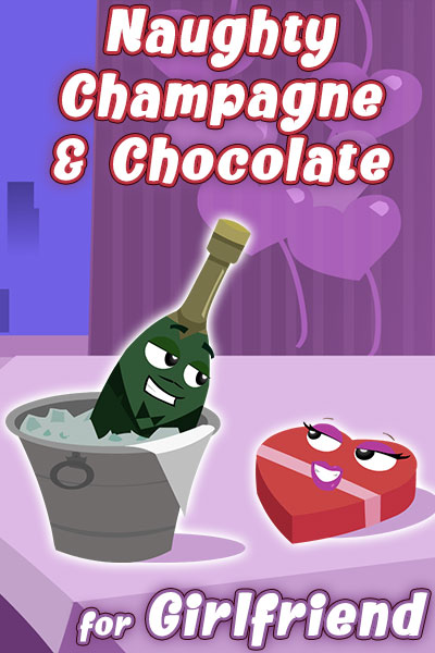 A bottle of champagne soaks in a bucket of ice, while a heart-shaped box of chocolates sits on the table beside it. They share a lusty look between them. 