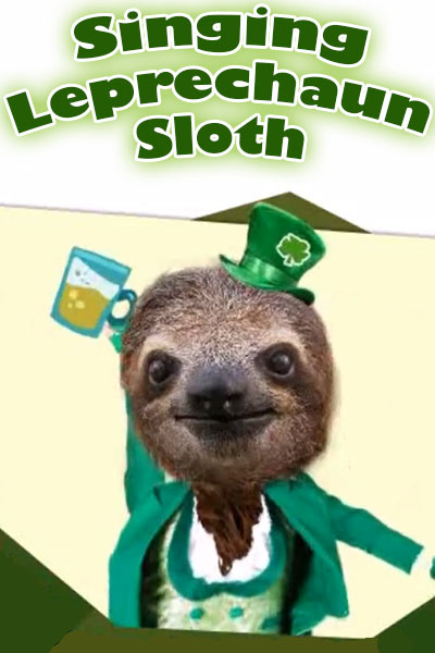 A sloth wearing a dapper green suit, with a matching top hat. He's holding up a pint glass to salute the viewer of this funny St. Patrick's Day ecard.