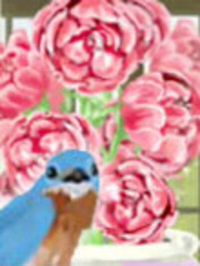 A bluebird stands in front of a huge bouquet of pink flowers.