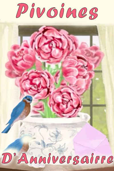 A bluebird stands in front of a huge bouquet of pink flowers.