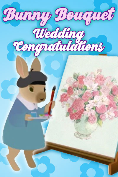 A bunny in a beret and smock shows off its painting. It's a huge bouquet done in soft pastel colors.
