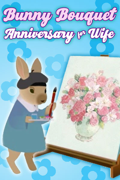 A bunny in a beret and smock shows off its painting. It's a huge bouquet done in soft pastel colors.