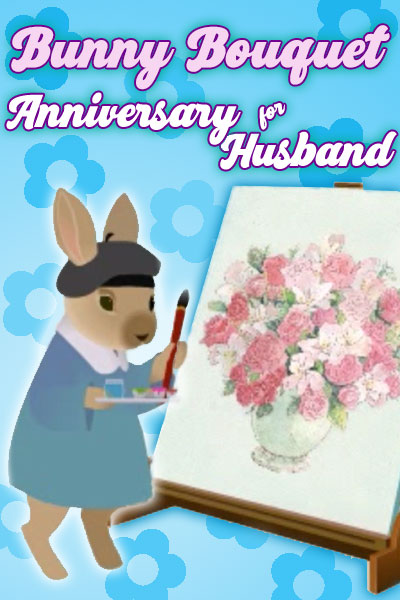 A bunny in a beret and smock shows off its painting. It's a huge bouquet done in soft pastel colors.