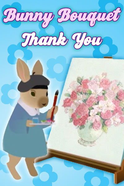 A bunny in a beret and smock shows off its painting. It's a huge bouquet done in soft pastel colors.