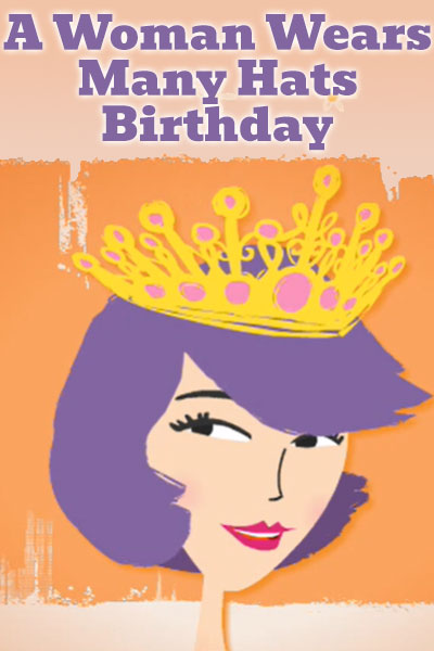 A woman with purple hair wears a golden crown.