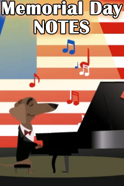 A dachshund plays the piano contemplatively. There is an American flag behind him.