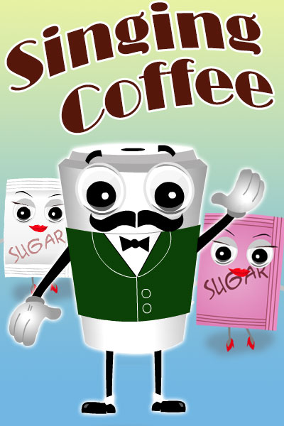 A coffee cup waves hello. He's got a mustache, and is wearing a green coat. There are two sugar packet backup singers behind him.
