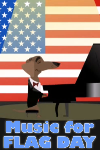 A dachshund sits at a piano. He looks contemplative, like he's about to play a profound piece of music. The background is an American flag.