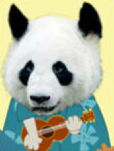 A panda in a Hawaiian shirt plays the ukulele. 