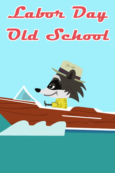 A raccoon in a straw hat drives a speedboat in a lake.