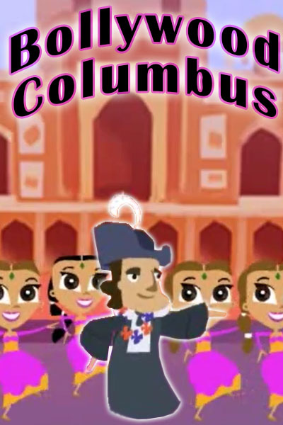 Christopher Columbus dances. There is a line of Bollywood dancers behind him. 